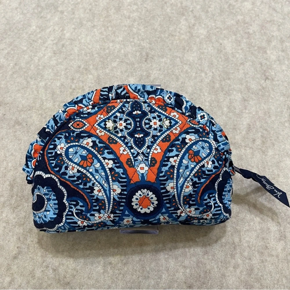 Vera Bradley Medium Ruffle Zip Dome Cosmetic Case  Marrakesh Blue Orange White